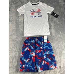 Under Armour Kids Freedom Rash Guard and Swim Trunks Set White Blue Red UASIK59E